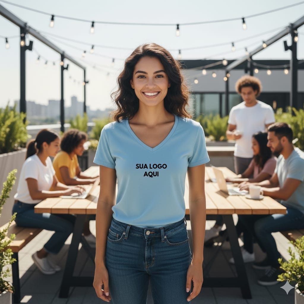 camiseta gola em V de malha Camiseta Gola V Personalizada em Malha Feminina - Imagem 1